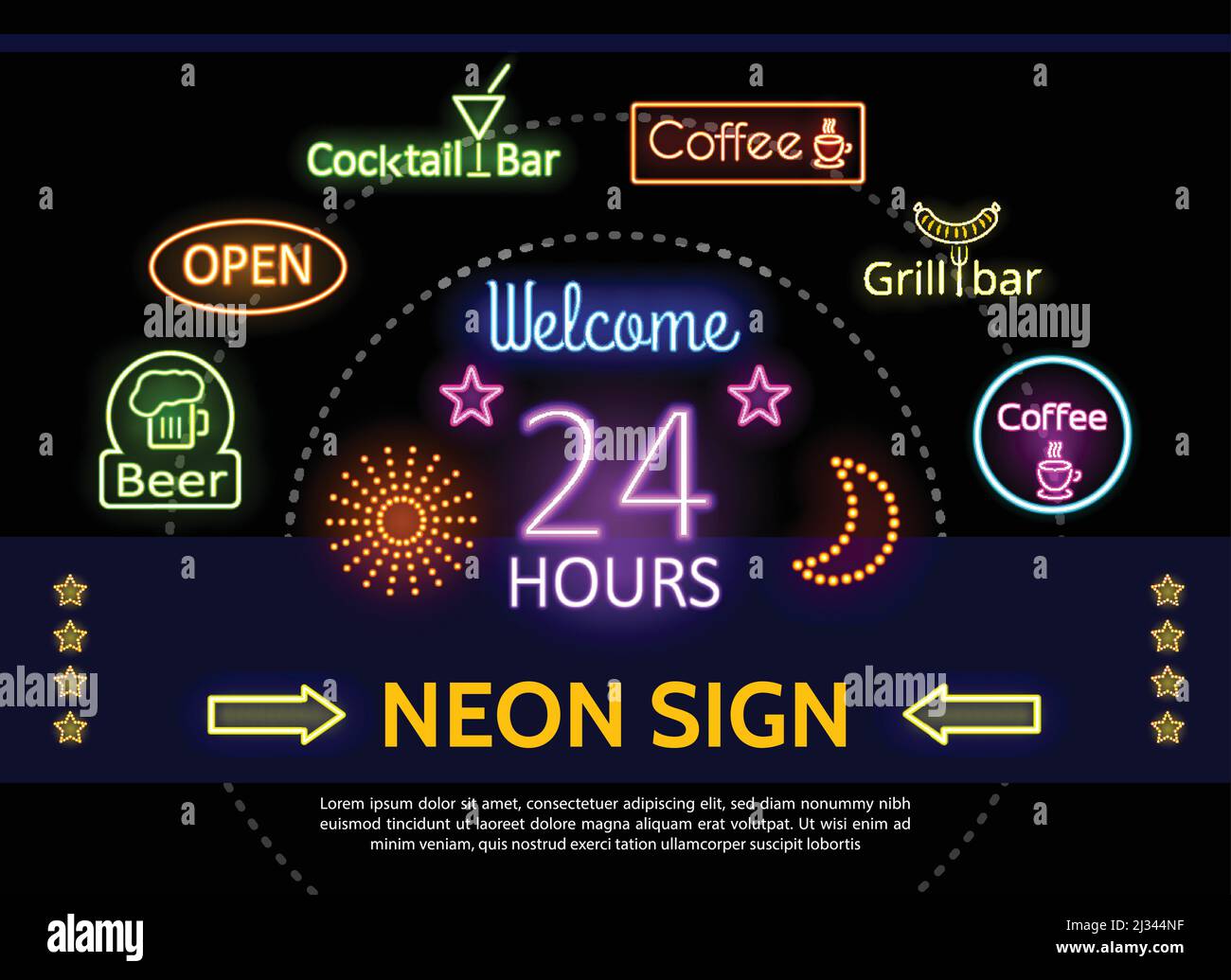 Scintillante modello promozionale per insegne al neon con cornici colorate con frecce di iscrizione stelle scintillanti per pub cafe cocktail grill bar pubblicità isolare Illustrazione Vettoriale