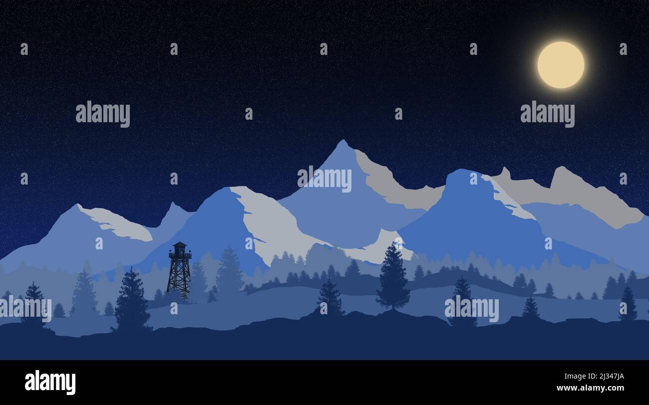 Illustrazione di un paesaggio notturno di montagna da una torre di sorveglianza. Foto Stock