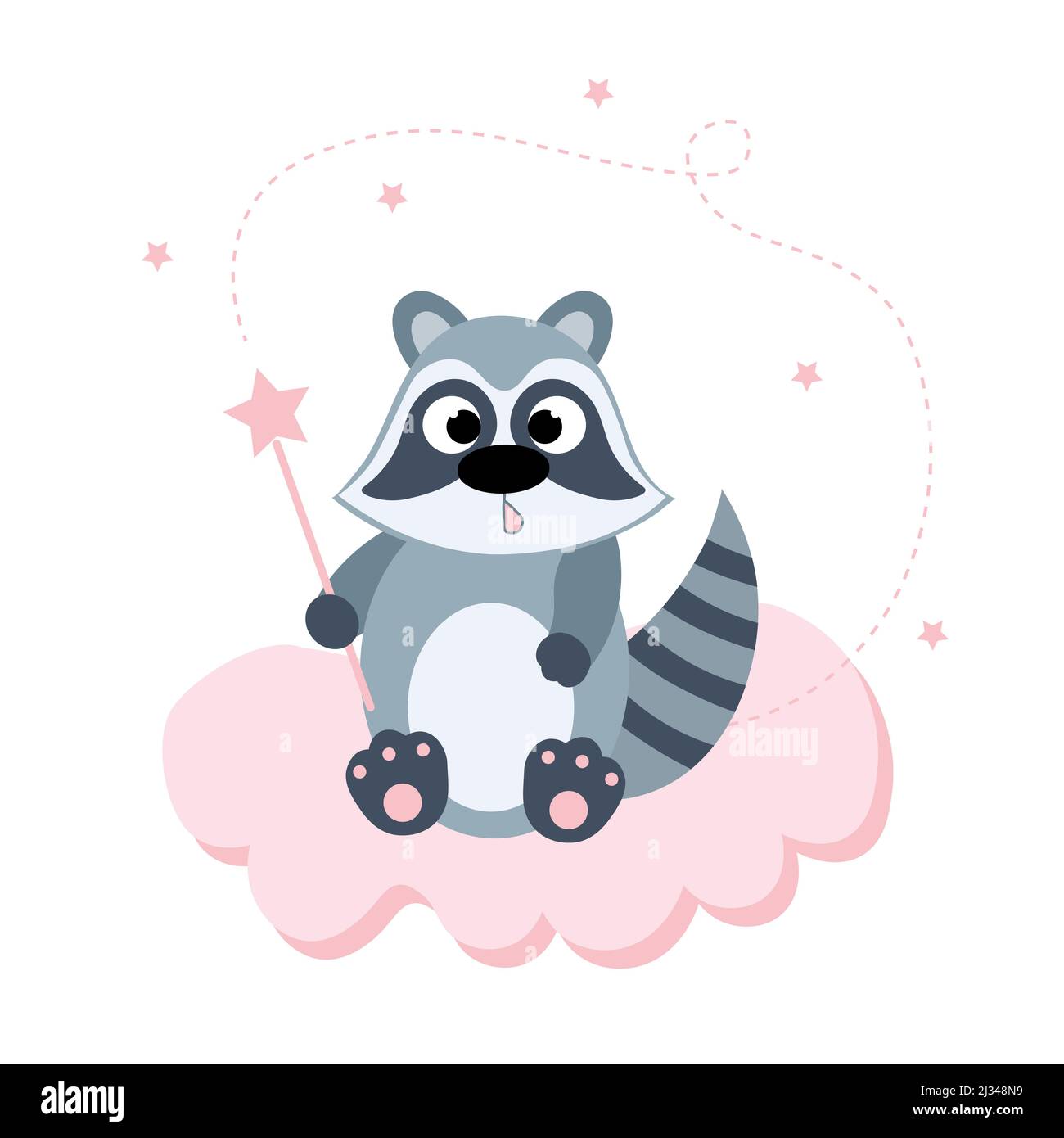 Un carino raccoon con una bacchetta magica si siede su una nuvola rosa. Cartolina o banner per bambini. Illustrazione piatta. Illustrazione Vettoriale