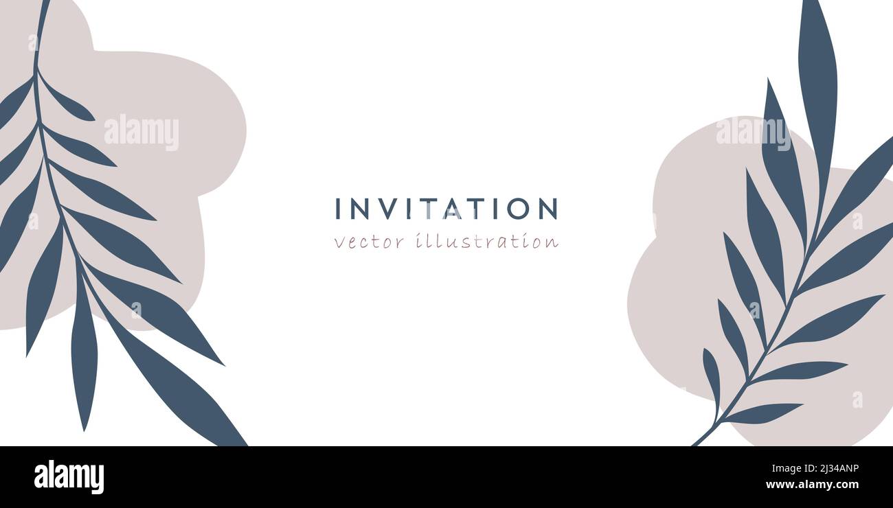 modello di invito luminoso con foglie di palma su sfondo bianco Illustrazione Vettoriale