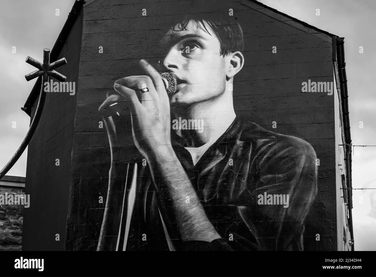 Il murale Akse di Ian Curtis a Macclesfield Foto Stock