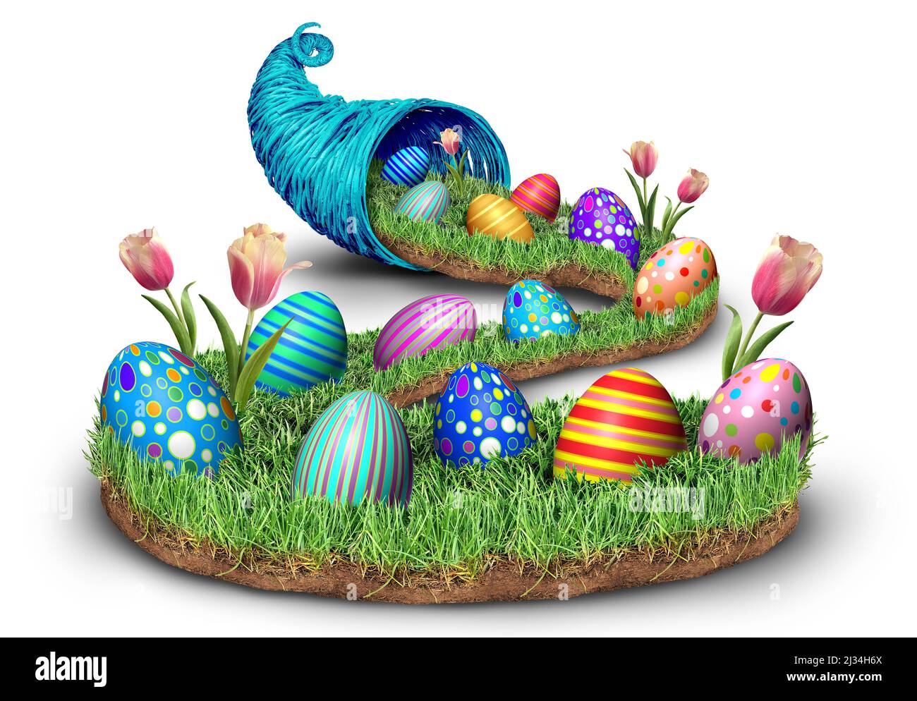 Primavera Pasqua Cornucopia corno oggetto pieno di uova decorate su erba verde su uno sfondo bianco. Foto Stock