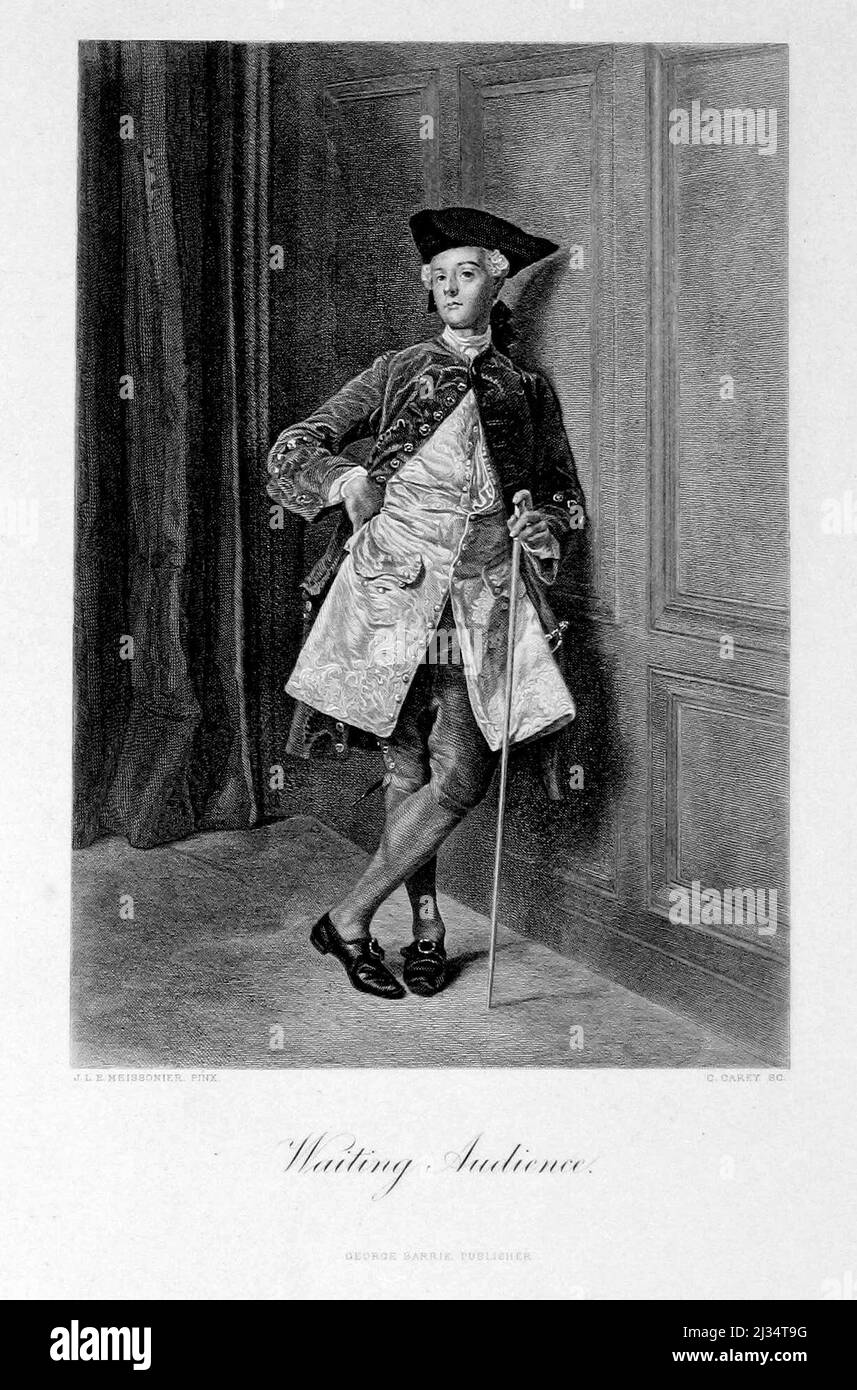 Titolo: 'Attesa del pubblico.' Un'incisione di JC. Carey, basata sul dipinto di Jean Louis Meissonier, della collezione George Barrie: The International Gallery, 1880s. Foto Stock