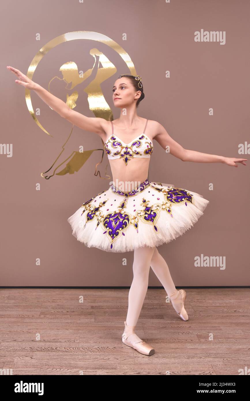 giovane bella bella ballerina caucasica pratica posizioni balletto in gonna tutu. Ballerino classico in studio in piedi su punta di piede Foto Stock