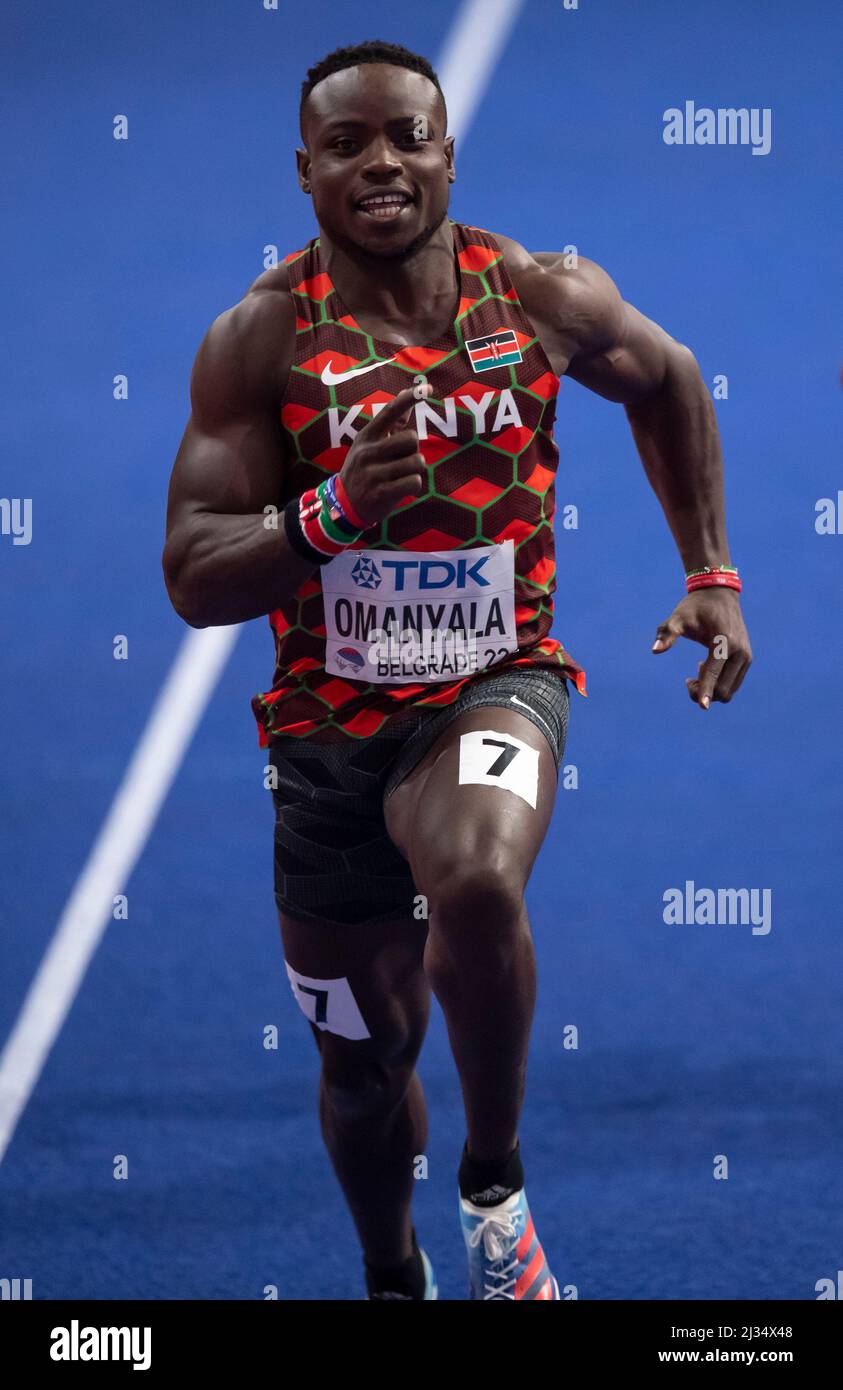 Ferdinand Omanyala si è sfidato nelle manche maschili del 60m il giorno due dei Campionati mondiali di atletica indoor di Belgrado 2022 alla Belgrado Arena il 19 marzo Foto Stock