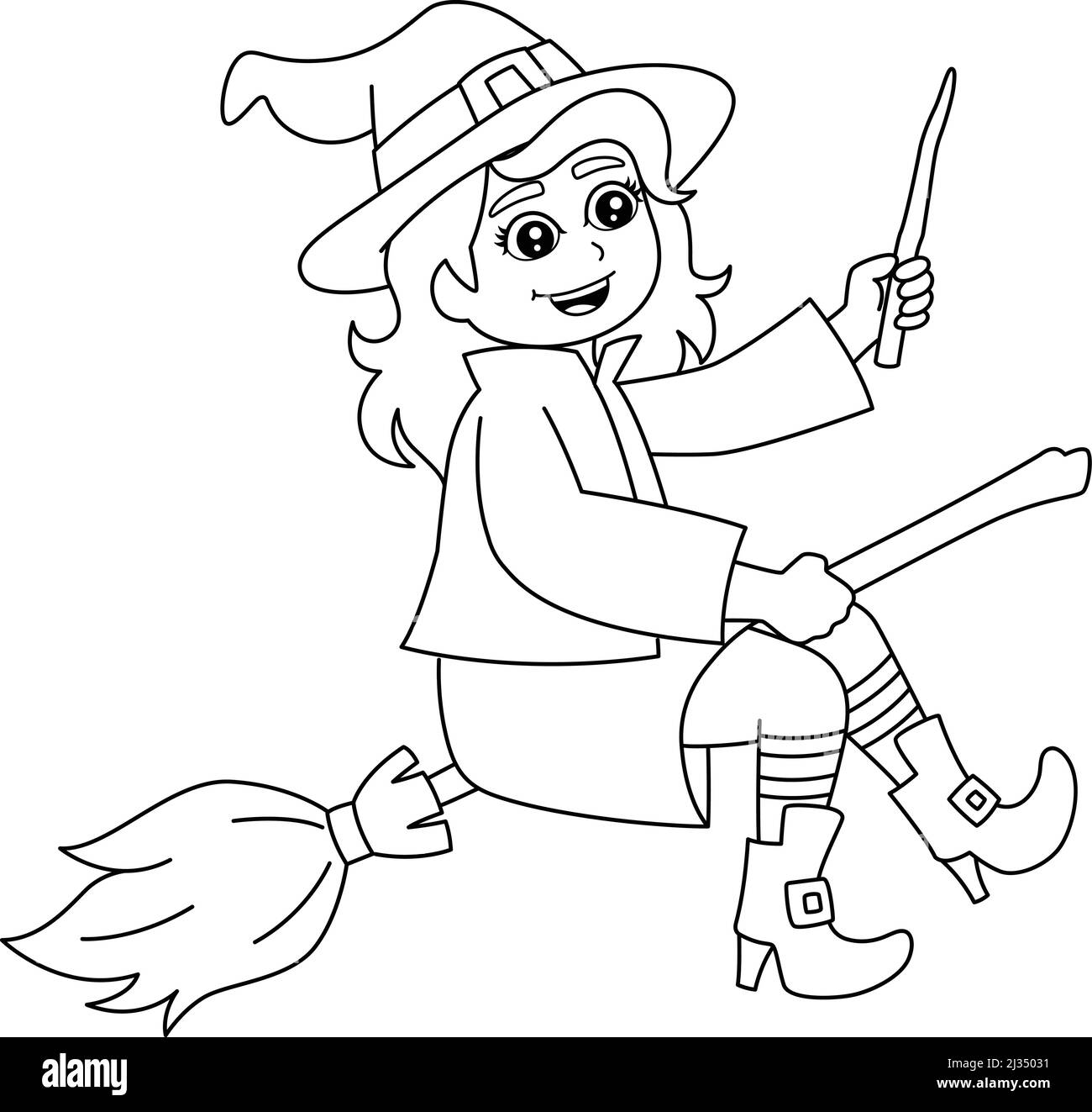 Ragazza strega in Un broomstick colorazione pagina isolato Illustrazione Vettoriale