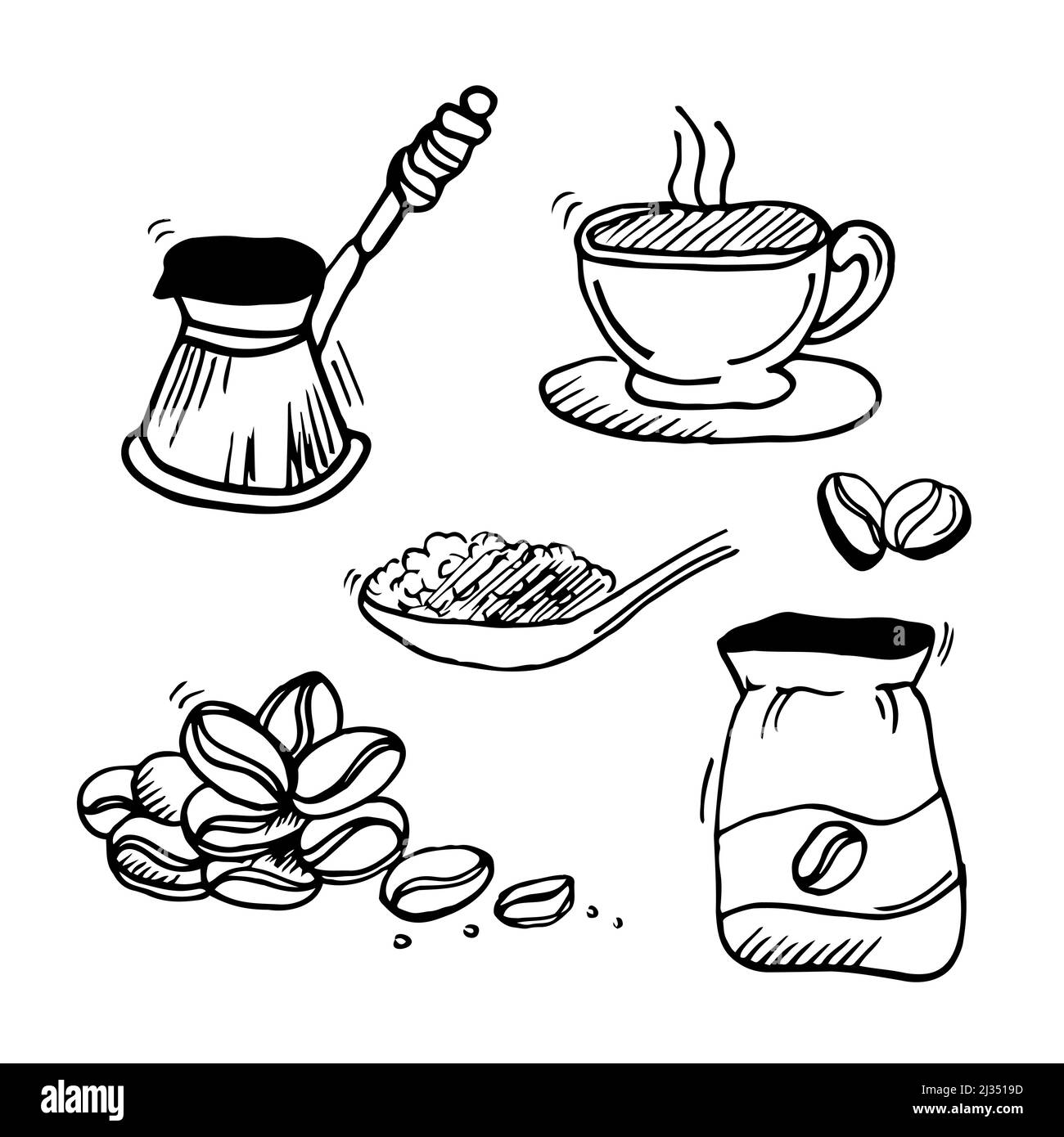 Set di doodles di caffè fatti a mano: Bevande, spuntini e tovaglie di caffè. Illustrazione vettoriale monocromatica per biglietti d'auguri, magliette, menu Illustrazione Vettoriale
