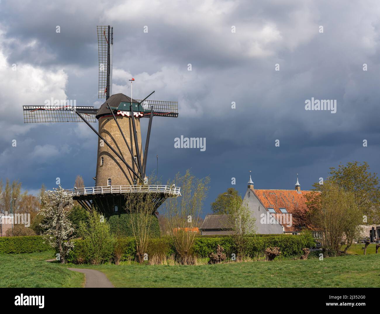 Tipico paesaggio rurale olandese con mulino a vento tradizionale nel villaggio di Terheijden, provincia Brabante Nord Foto Stock