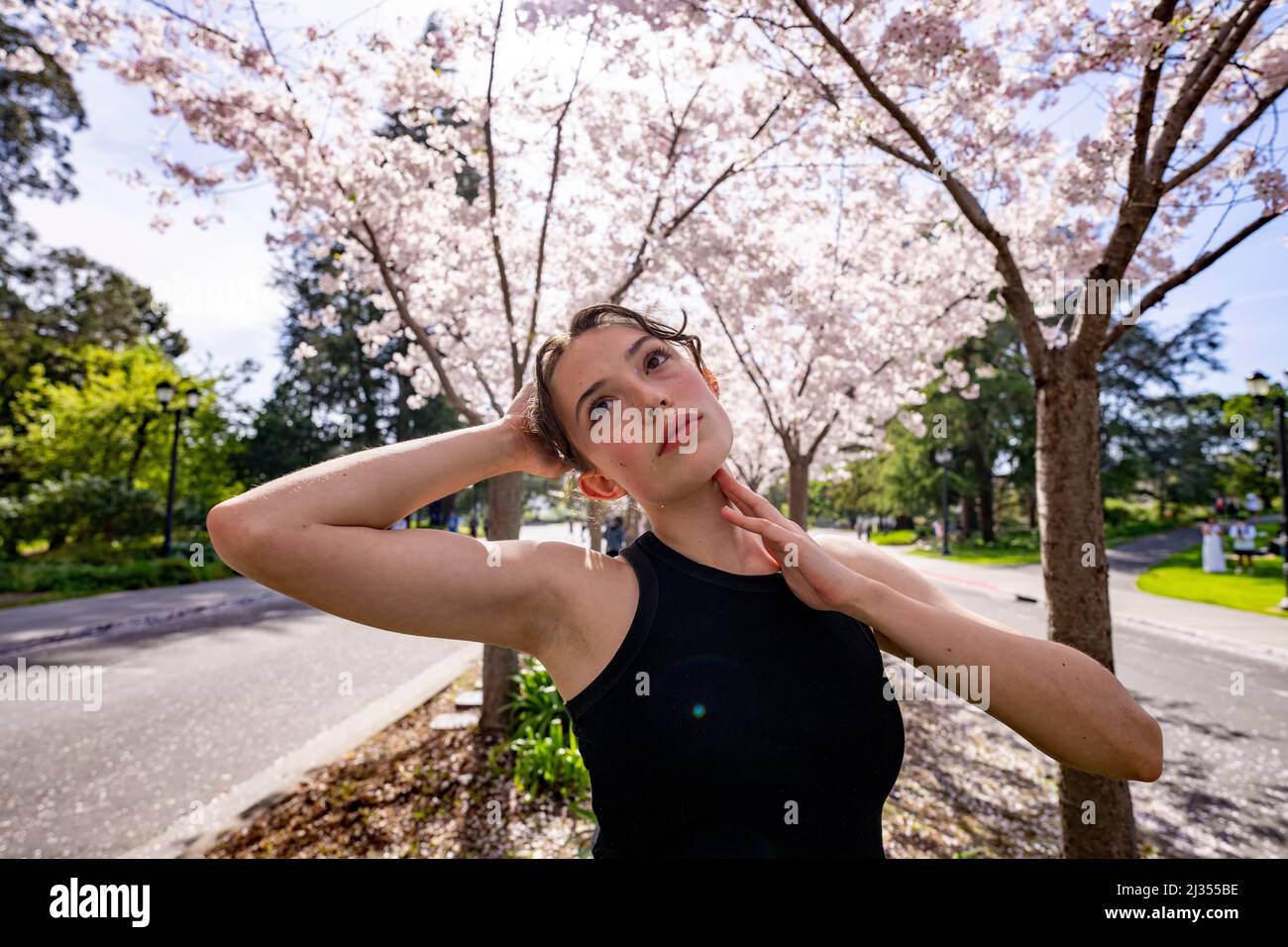 Teenage Dancer femminile sotto gli alberi di ciliegia a UC Berkeley Foto Stock