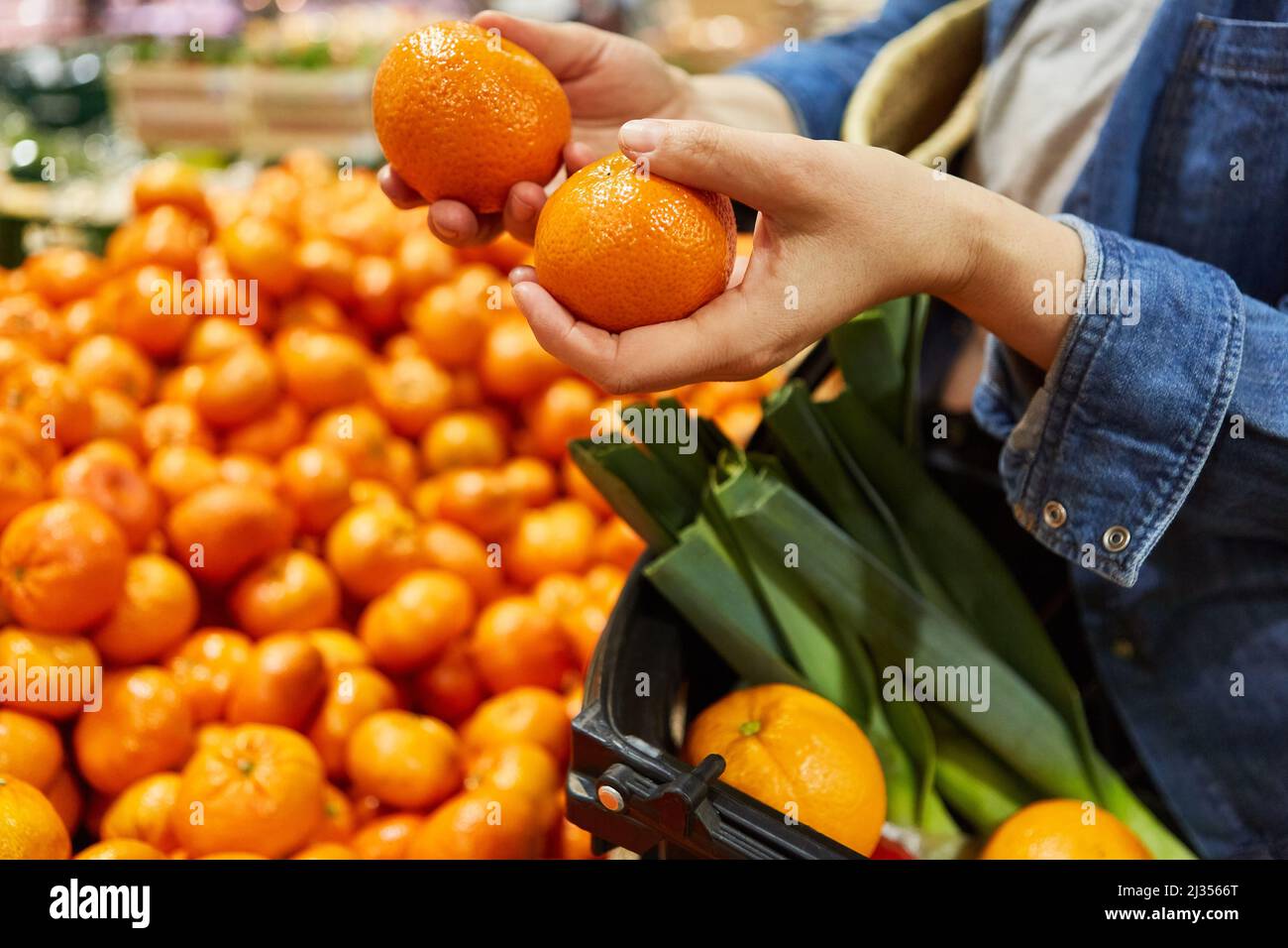 Due mani tengono tangerini mentre si acquista al mercato settimanale o al supermercato Foto Stock