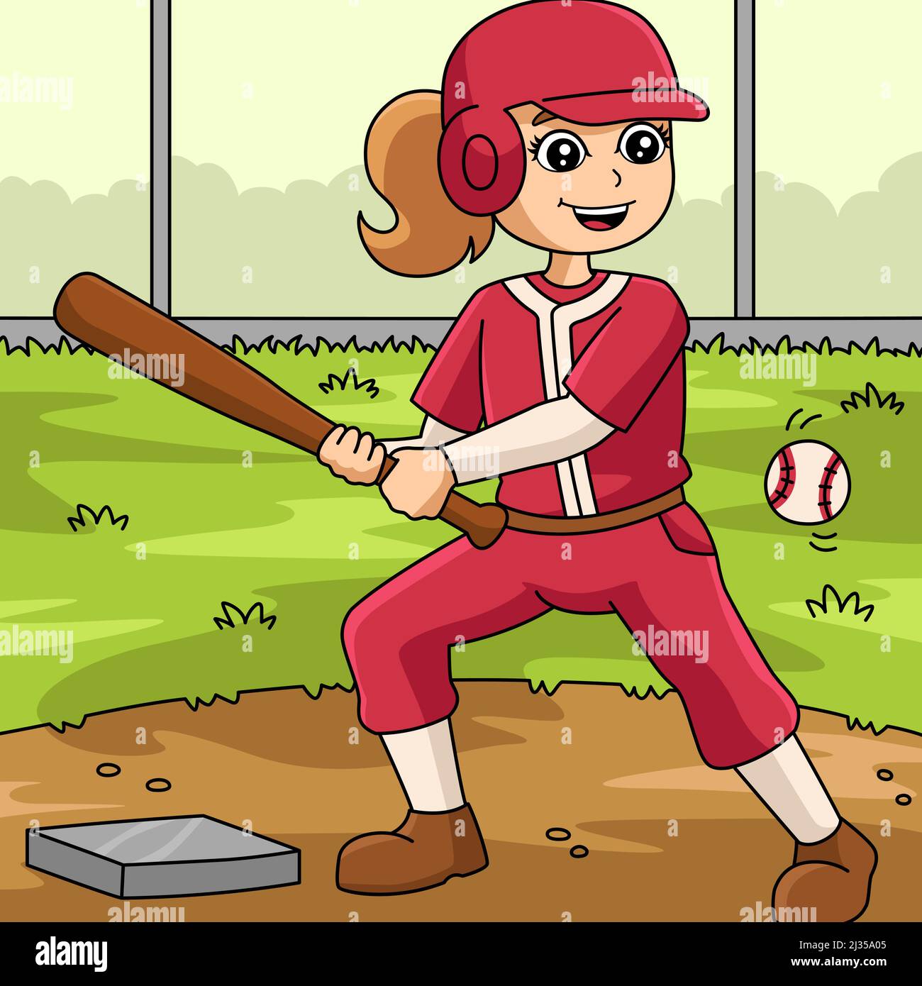 Ragazza che gioca a baseball Cartoon colorato Illustrazione Vettoriale