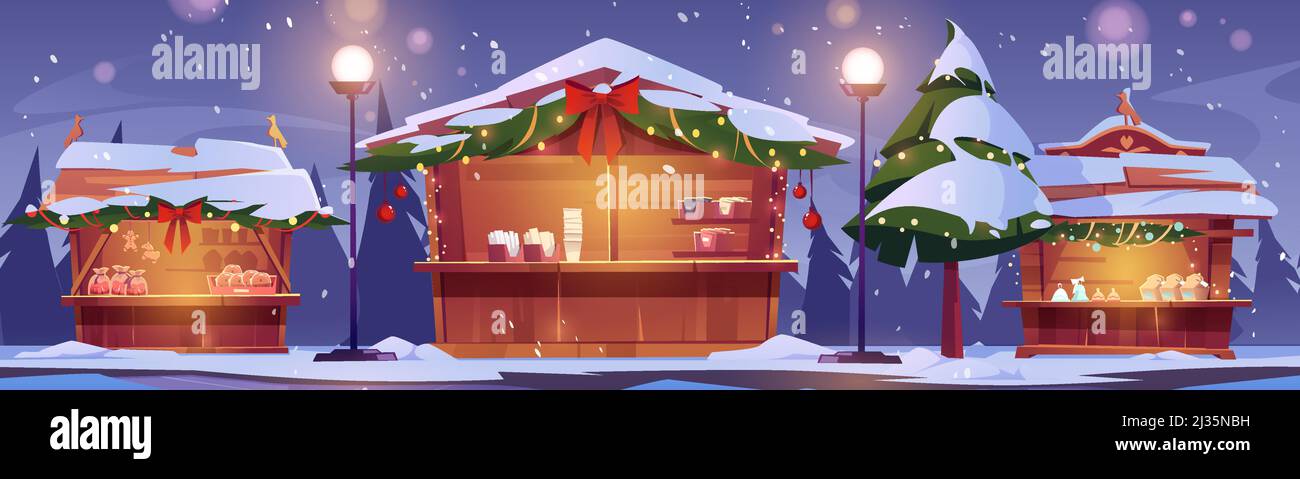 Bancarelle del mercatino di Natale, fiera invernale della strada con cabine in legno decorate con rami di abeti e ghirlande illuminanti. Chioschi con neve, tradizionali s. Illustrazione Vettoriale