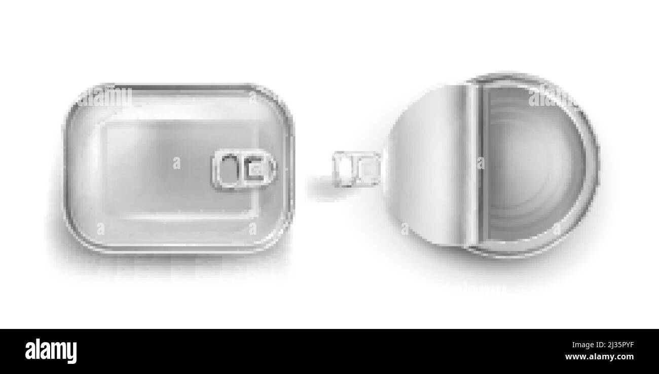 Lattine con anello di trazione mockup vista dall'alto. Vasetti in metallo per alimenti in scatola con coperchi chiusi e aperti, rettangolari in alluminio e tonde conserve contenitori isolati Illustrazione Vettoriale