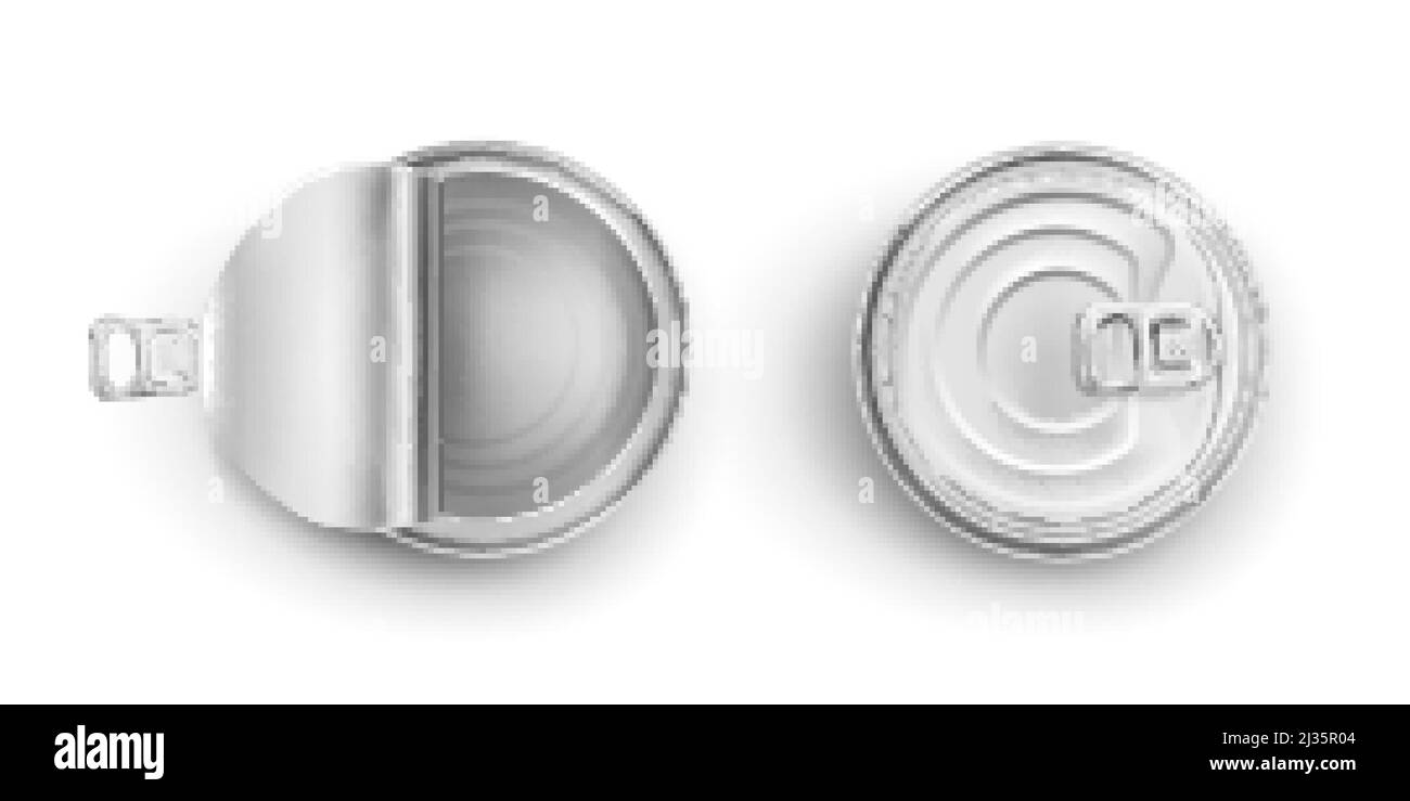 Lattina di metallo per cibo isolato su sfondo bianco. Vector realistico mockup di contenitore bianco rotondo in alluminio con anello a strappo sul coperchio, aperto e chiuso Illustrazione Vettoriale