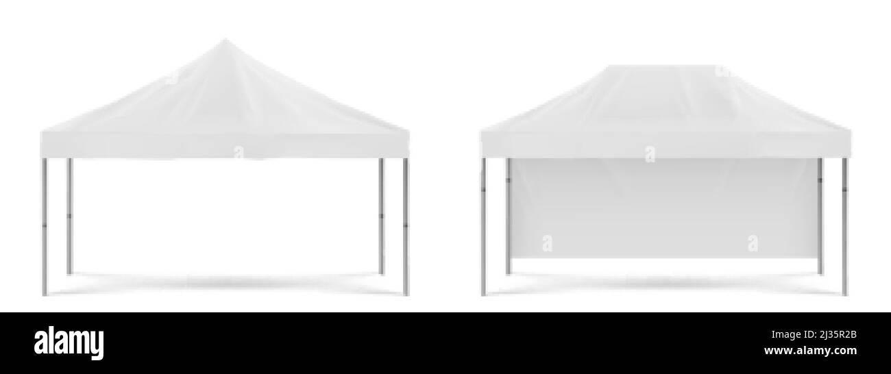 Tenda bianca pieghevole promozione, esterno mobile marquee per festa sulla spiaggia o in giardino, esposizione di vendita o commercio. Vettore realistico mockup di bianco Illustrazione Vettoriale