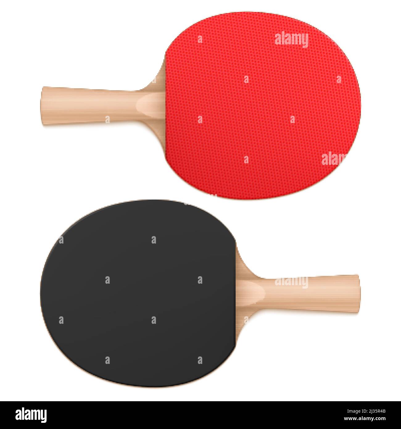 Pagaie da ping-pong, racchette da ping-pong vista dall'alto e dal basso. Attrezzatura sportiva con manico in legno e superficie in gomma rossa e nera del bat isolata su whit Illustrazione Vettoriale