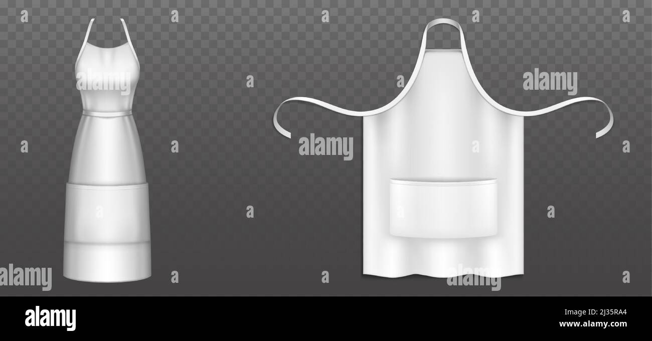 Grembiule bianco con tasca, cintura e cinturini isolati su sfondo trasparente. Vettore realistico mockup di bianco abito da cucina uniforme, femmina pina Illustrazione Vettoriale