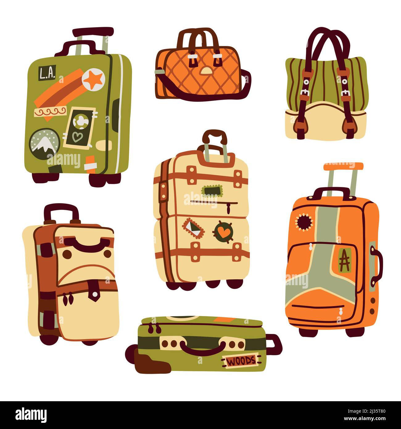 Borse bagagli, valigie e zaino per viaggi e vacanze. Vector set piano di  borse da viaggio per bagagli e valigie con ruote, cinture e st Immagine e  Vettoriale - Alamy