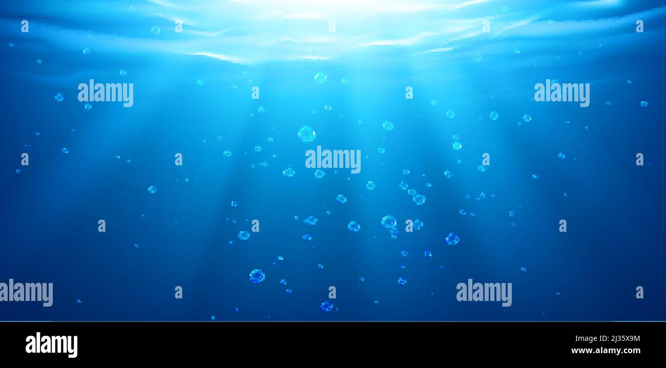 Fondo subacqueo, superficie d'acqua, oceano, mare, piscina acqua texture trasparente con bolle d'aria, increspature e raggi solari che cadono, modello per Illustrazione Vettoriale