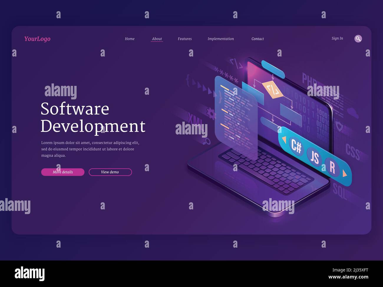 Pagina di destinazione isometrica per lo sviluppo di software. Codifica di siti Web o programmi su più piattaforme, interfaccia di programmazione di algoritmi su schermo del computer, t Illustrazione Vettoriale