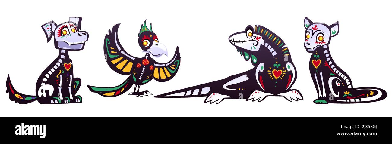 Dia de los Muertos, giorno messicano dei morti con scheletri di animali. Cartoon vettoriale di gatto nero, cane, pappagallo e lucertola con coloratissimi motivi di ossa Illustrazione Vettoriale