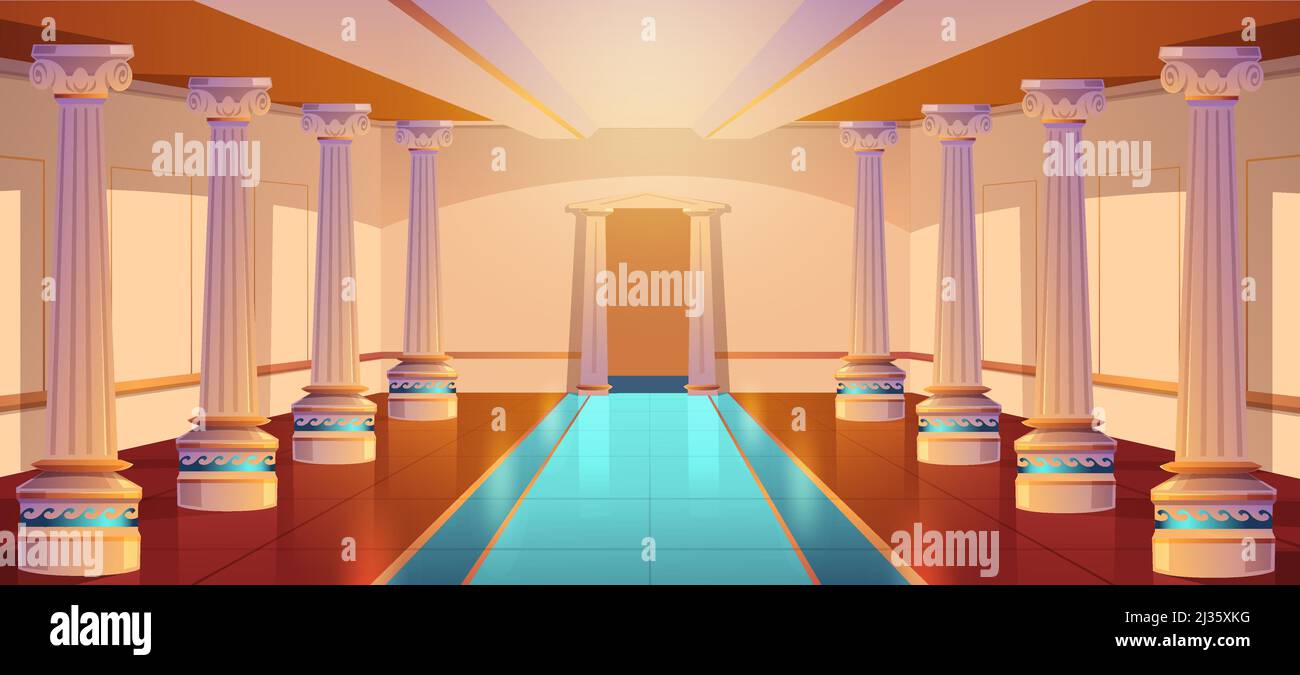 Tempio greco, architettura romana, corridoio del castello con colonne e ingresso ad arco. Sala del palazzo con colonne, design antico dell'edificio, sala da ballo vuota o Illustrazione Vettoriale