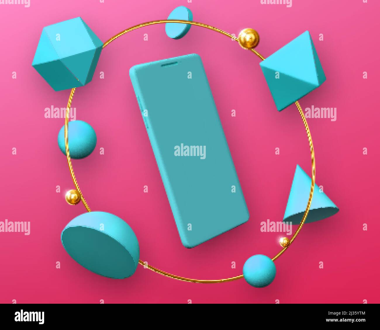 Design astratto con smartphone mockup in cornice rotonda di forma geometrica 3D emisfero, ottaedro, sfera, cono, cilindro e icosaedro su rosa ba Illustrazione Vettoriale