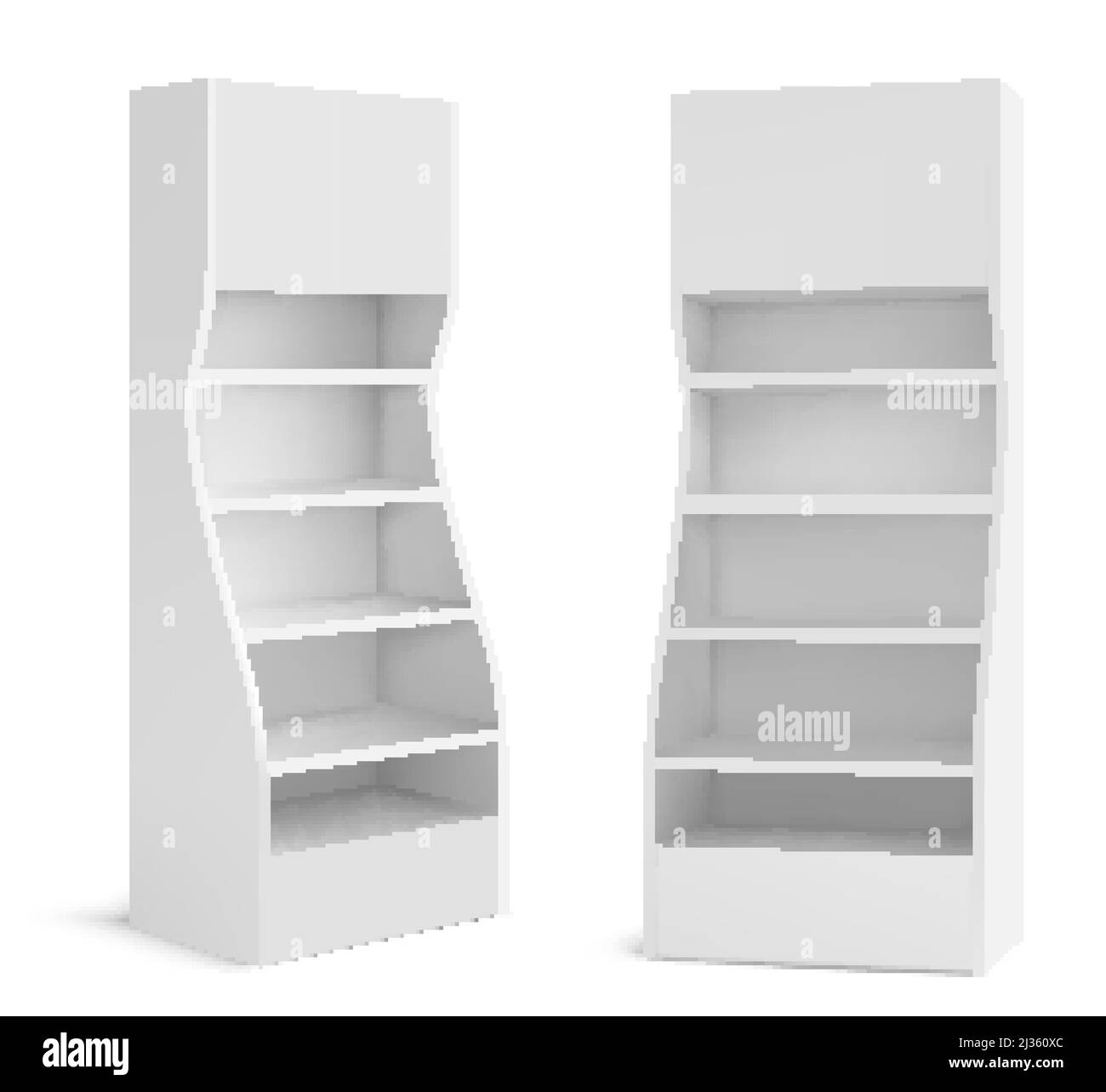 Supporto per display POS bianco per prodotti da supermercato. Negozio e negozio mockup rack promozione vuoto con scaffali vuoti, esposizione portatile vetrina retail i Illustrazione Vettoriale