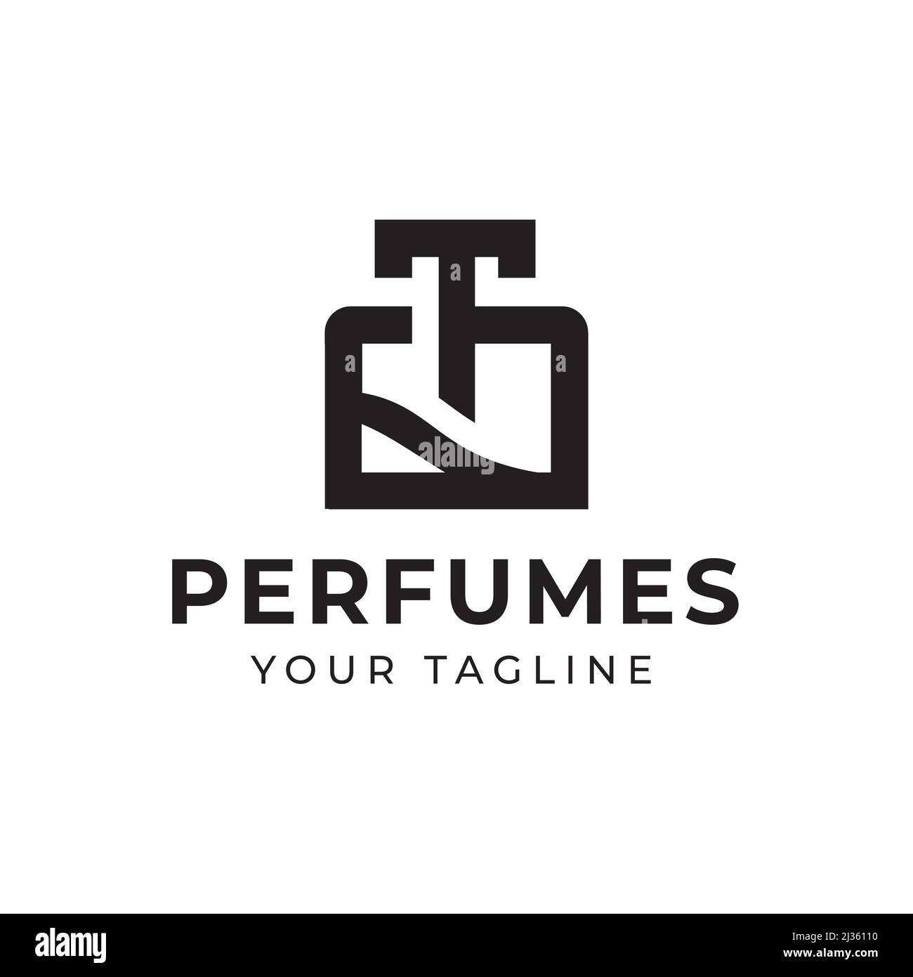 Logo design con linea di bottiglie di profumo e linea ornamento, lettera T, adatto per la moda cosmetici segno di bellezza. Illustrazione Vettoriale