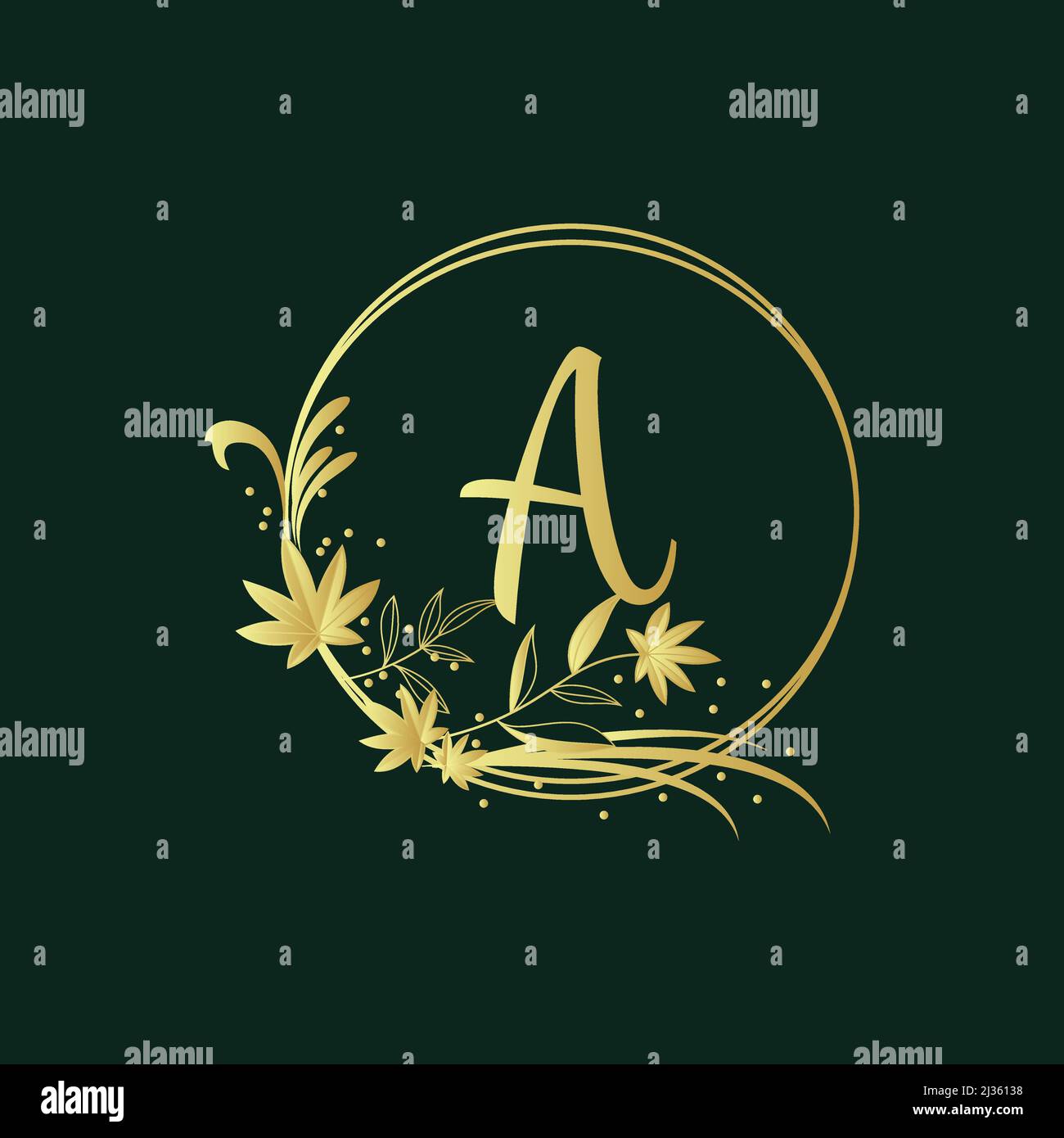 Modello cornice oro fiore e concetto monogramma con lettera A in stile lineare minimale. Logo floreale vettoriale .emblema per cosmetici, Moda, bellezza Illustrazione Vettoriale