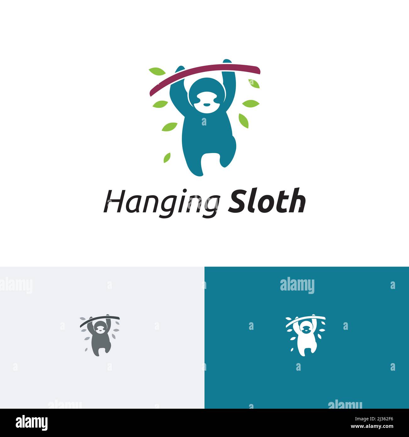 Cute Sloth Hanging Tree Branch Jungle Nature Logo Illustrazione Vettoriale