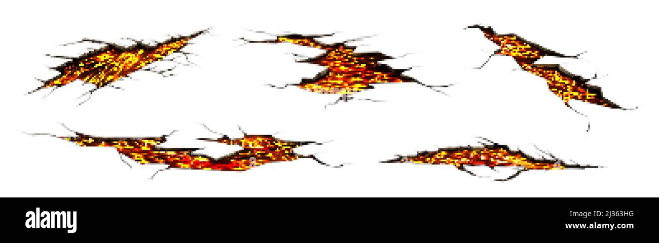Lava nelle crepe del terreno, la consistenza del vulcano magma si bagna in fori di rottura, superficie del terreno rovinata. Distruzione, spaccatura, danno effetto fissure dopo disastro iso Illustrazione Vettoriale