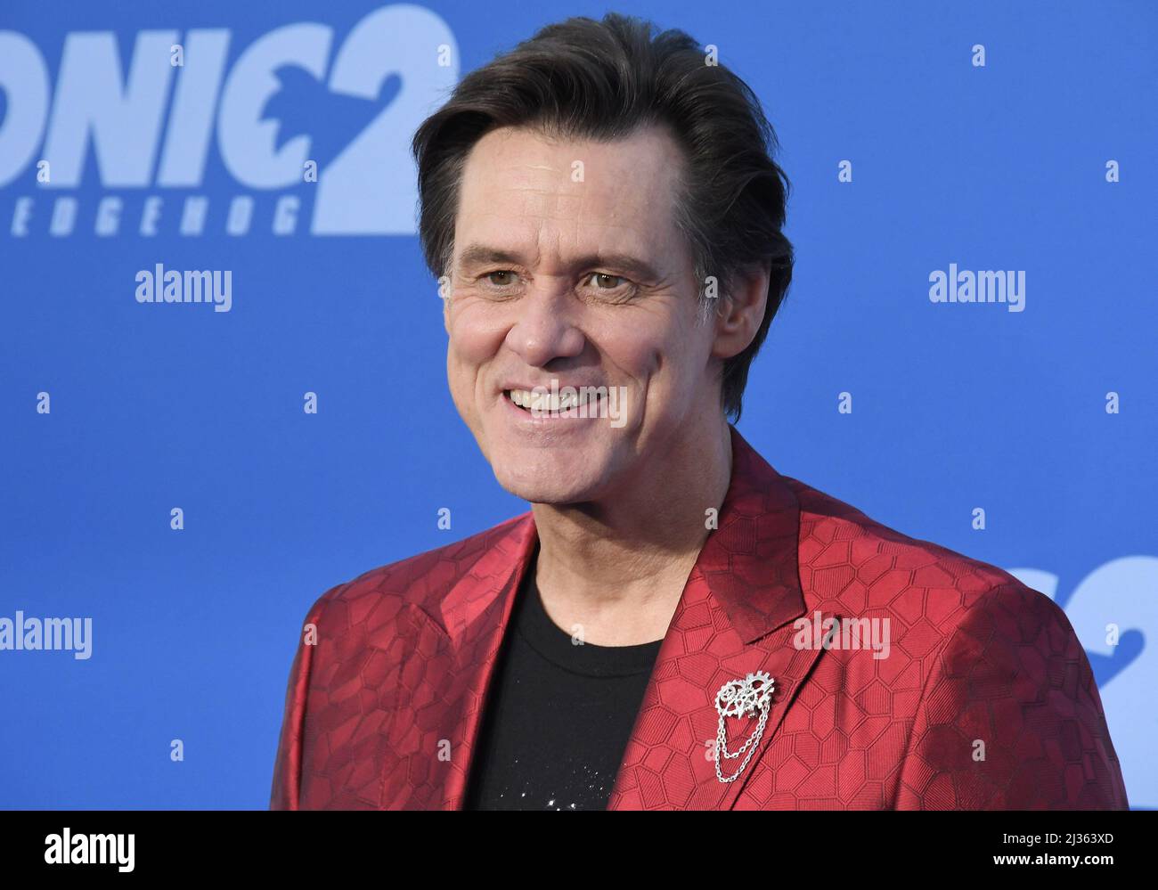 Los Angeles, Stati Uniti. 05th Apr 2022. Jim Carrey arriva al SONIC THE HEDGEHOG 2 Los Angeles Premiere tenuto al Regency Village Theatre di Westwood, CA martedì 5 aprile 2022. (Foto di Sthanlee B. Mirador/Sipa USA) Credit: Sipa USA/Alamy Live News Foto Stock