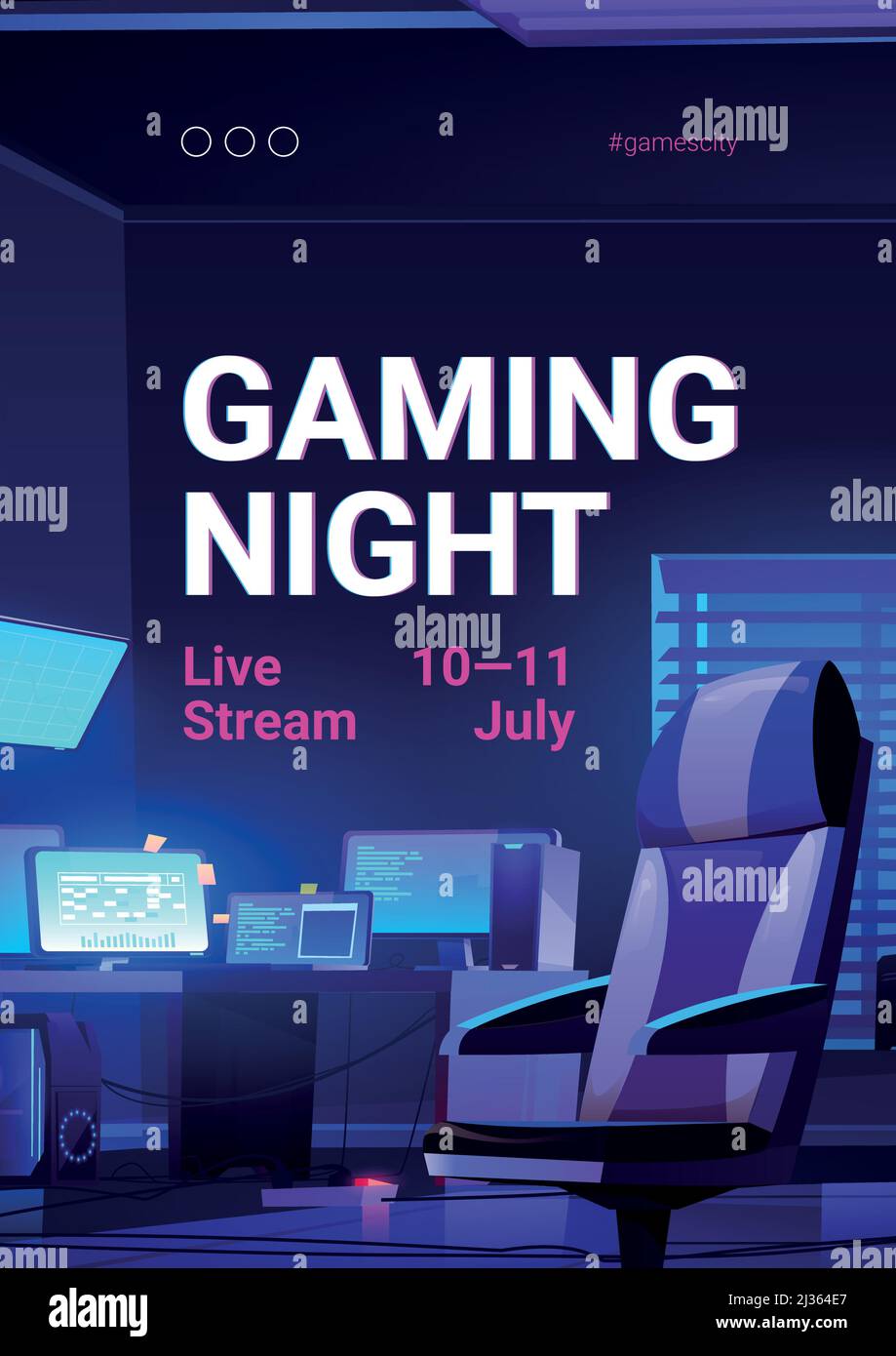 Poster della notte di gioco, streaming live di videogiochi. Banner vettoriale del torneo multiplayer online con cartoni animati illustrazione della sala giocatori con sedia, comp Illustrazione Vettoriale