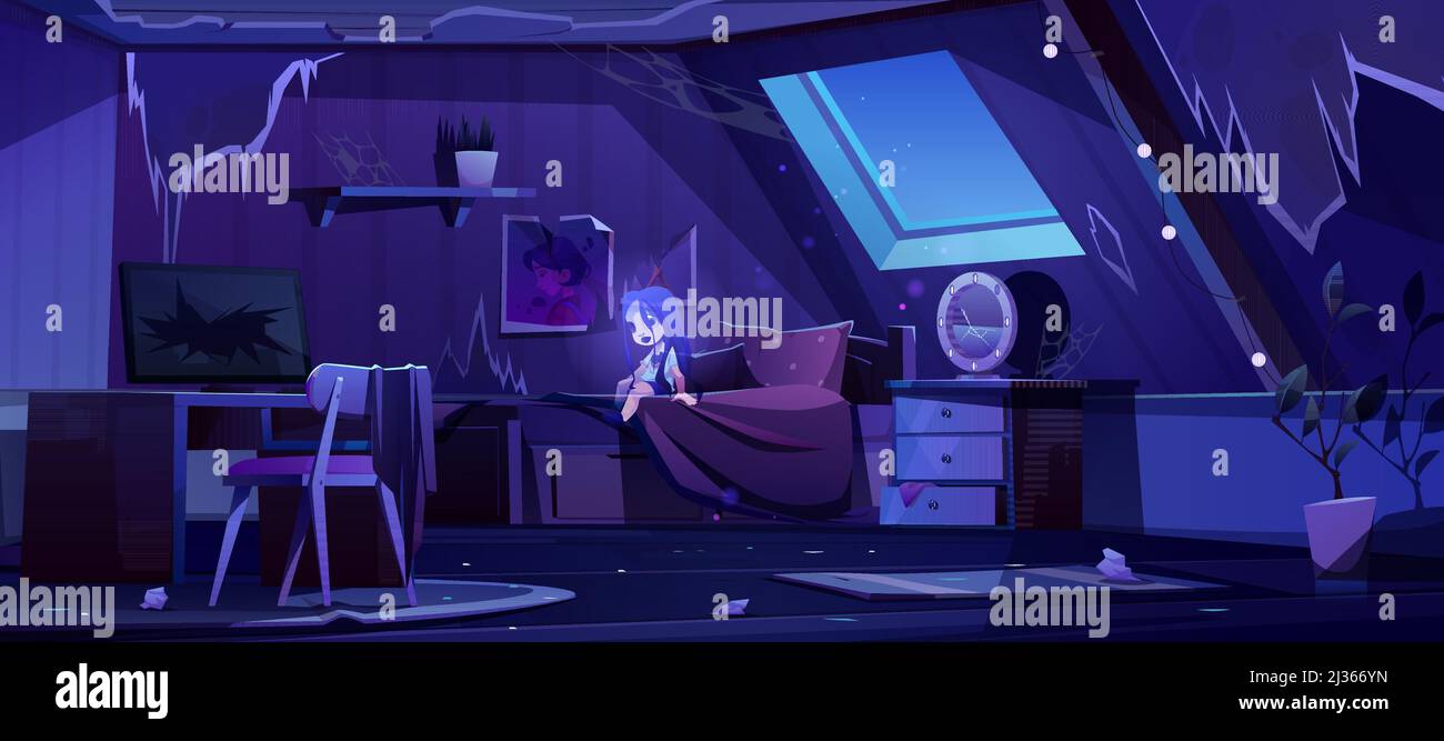 Ragazza fantasma in camera da letto vecchia su attico di notte. Vector cartoon interno della camera mansarda con mobili rotti, disordine e spazzatura. Immagine spettrale di dea Illustrazione Vettoriale
