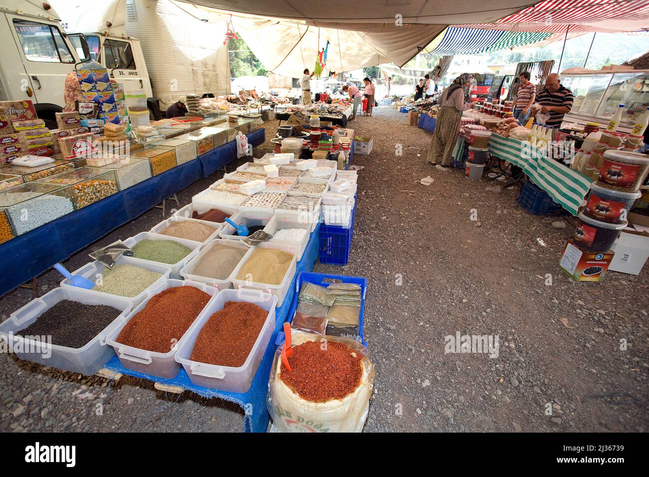 Mercato contadino al villaggio, Adrasan, Lykia, Turchia, mare mediterraneo Foto Stock