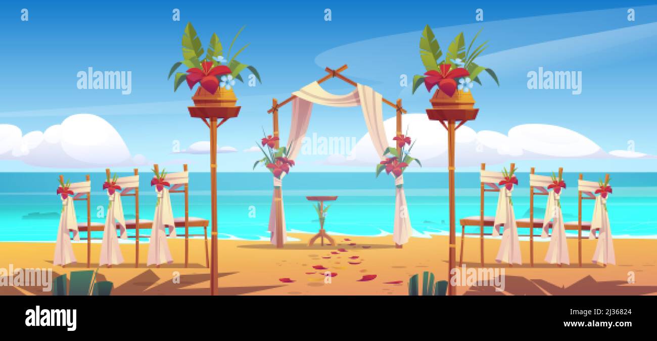 Spiaggia arco di nozze e decorazione sul mare. Arco floreale e sedie si trovano sulla riva sabbiosa dell'oceano con petali sparsi. Porta con fiori per il matrimonio Illustrazione Vettoriale