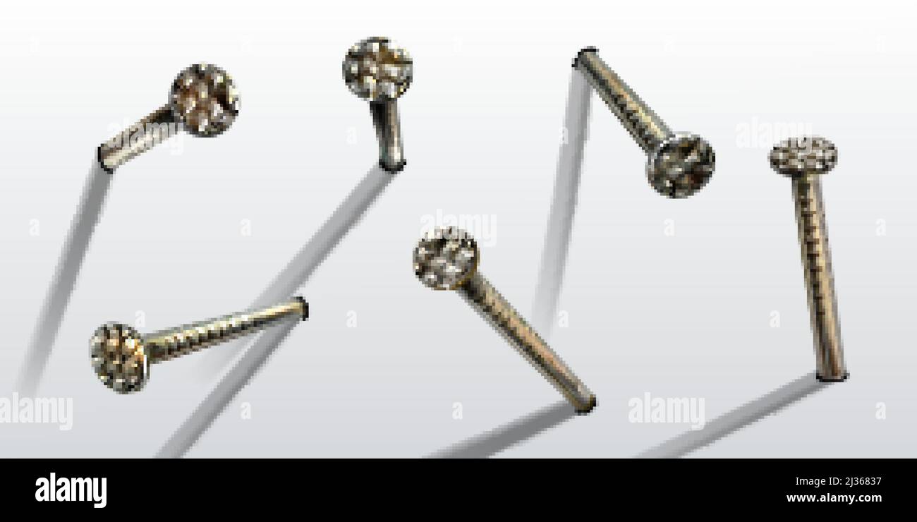 Chiodi martellati su pareti, teste a spillo in acciaio o argento, punte dritte in metallo o chiodi a chiodo con parte superiore con calotta scanalata grigia, vista angolare isolata su whit Illustrazione Vettoriale