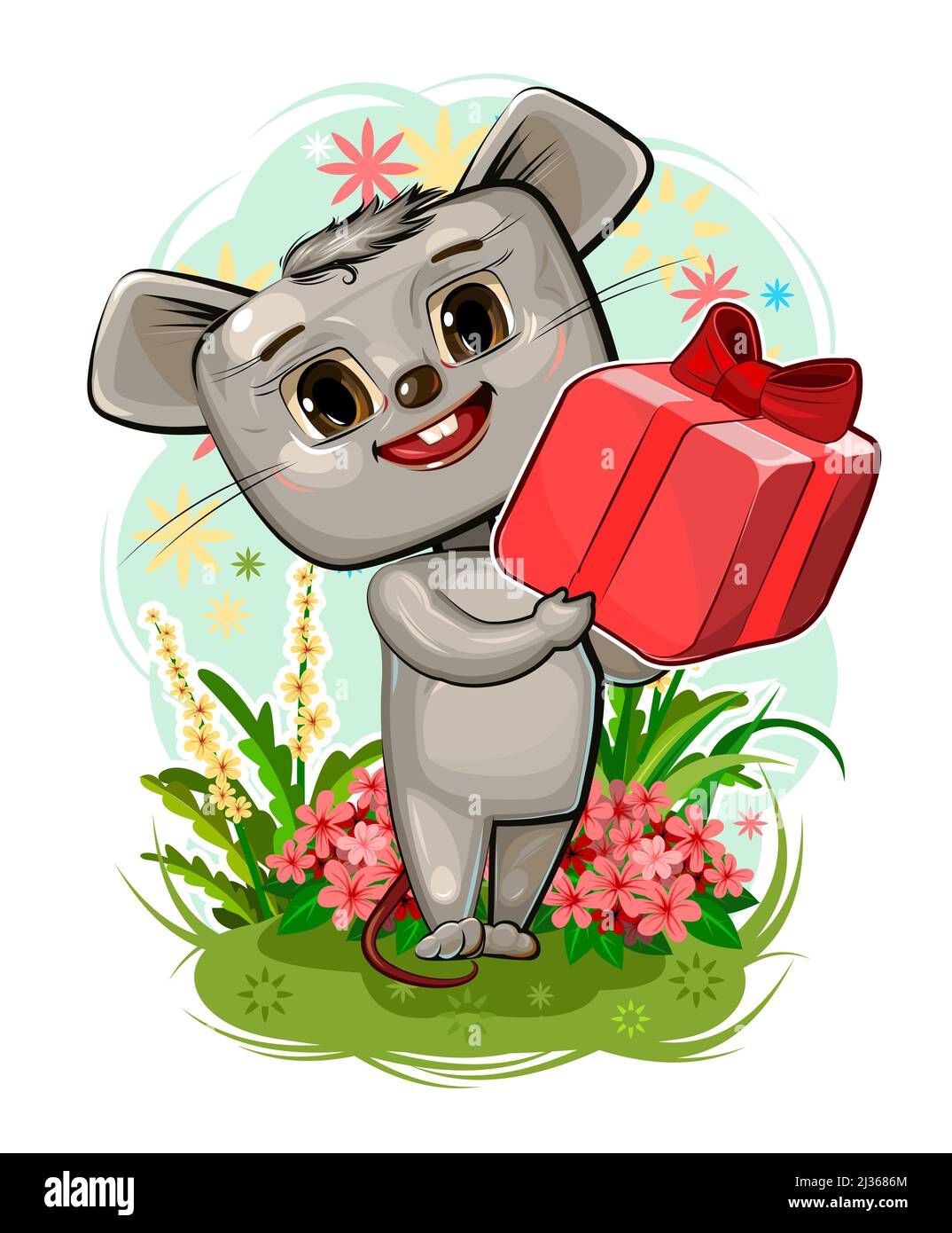 Baby mouse porta un regalo a un amico. Scatola rossa con nastro e arco. Prato estivo con fiori. Illustrazione dei bambini. Felice animale da bambino. Cartone animato Illustrazione Vettoriale