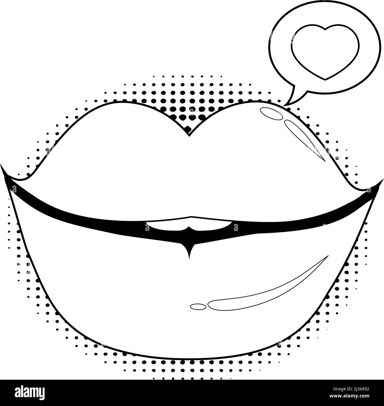 Labbra femminili con bolla di parola e un cuore. Pagina di colorazione vettoriale in bianco e nero Illustrazione Vettoriale