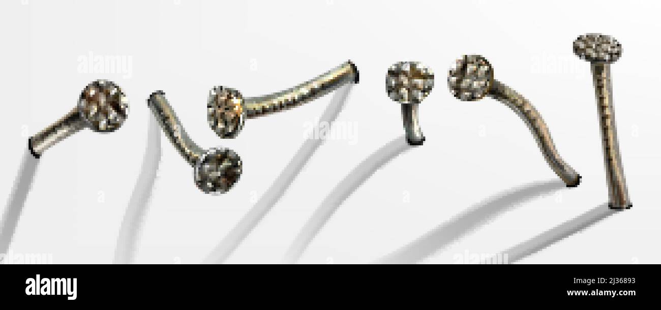 Vecchi chiodi di ferro piegati martellati in parete, punte arrugginite con testa circolare. Serie vettoriale realistica di perni in metallo con ruggine, hardware hobbnails, carpenteria e. Illustrazione Vettoriale