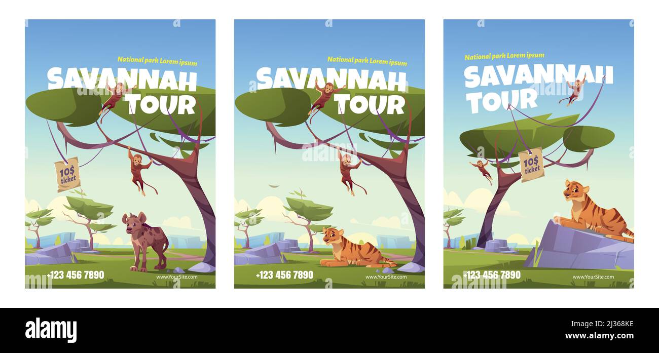 Poster del tour di Savannah con paesaggio africano con tigre, scimmia e jackal. Vettore volantino di viaggio esotico in savana in Africa con cartoon illustratio Illustrazione Vettoriale
