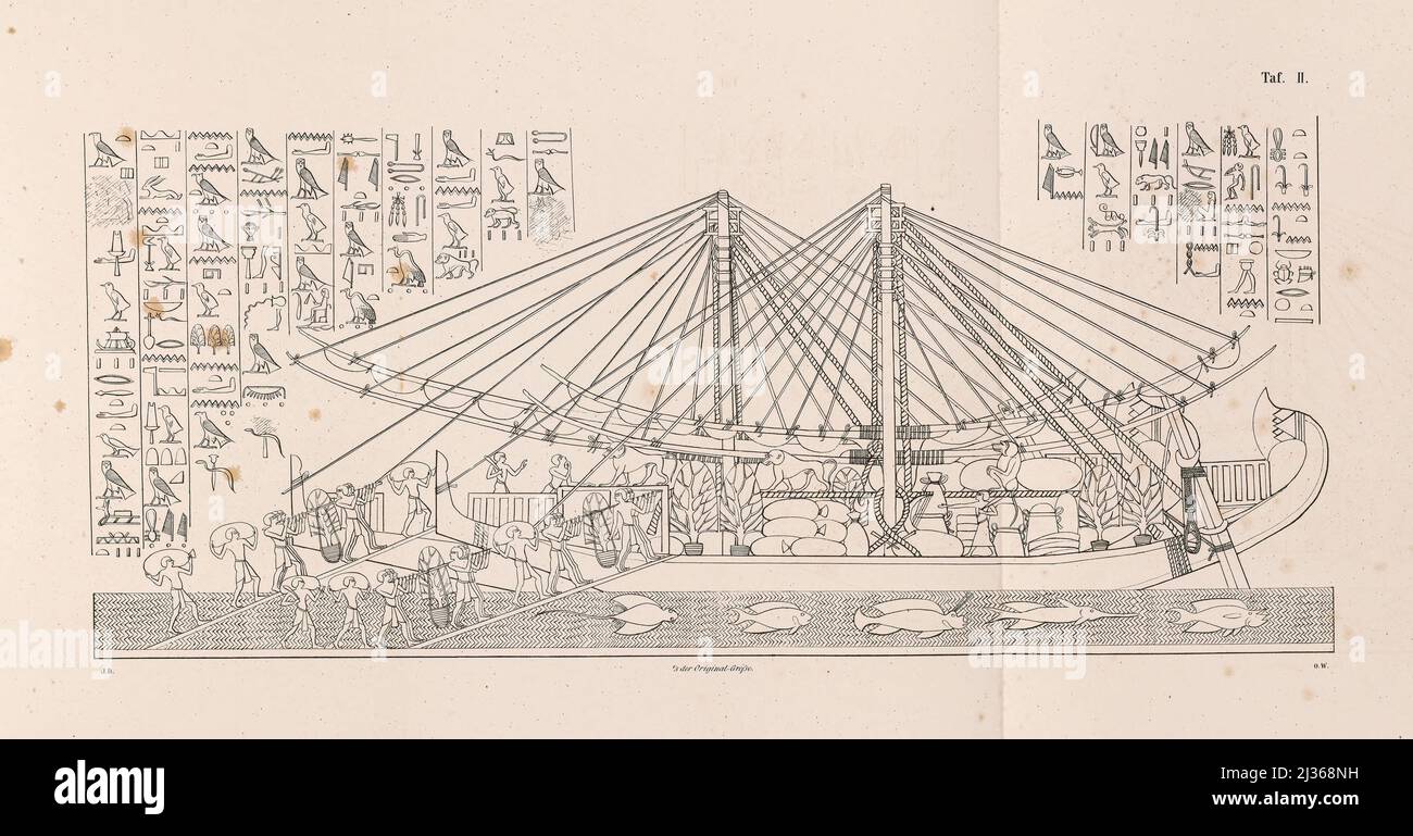 Il caricamento di due navi dal libro ' la flotta di una regina egiziana ' del secolo XVII prima della nostra epoca e l'antica militare egiziana in parata : Raffigurato su un monumento della stessa età, sia in alcune parti restaurate che pubblicate per la prima volta dall'autore dopo una copia tratta dalla terrazza-tempio di Dêr-el-Baheri : Con un'appendice contenente i pesci del Mar Rosso nelle dimensioni originali del monumento come ornamenti sotto la flotta, un numero, cronologicamente disposto, di rappresentazioni di antiche navi egiziane e alcune rappresentazioni e iscrizioni da vari templi Foto Stock