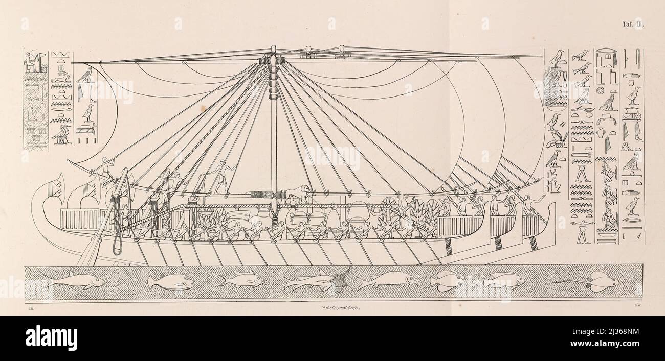 Tre navi di ritorno a Tebais dal loro viaggio in Arabia dal libro ' la flotta di una regina egiziana ' del secolo XVII prima della nostra epoca e l'antica militare egiziana in parata : Raffigurato su un monumento della stessa età, sia in alcune parti restaurate che pubblicate per la prima volta dall'autore dopo una copia tratta dalla terrazza-tempio di Dêr-el-Baheri : Con un'appendice contenente i pesci del Mar Rosso nelle dimensioni originali del monumento come ornamenti sotto la flotta, un numero, cronologicamente disposto, di rappresentazioni di antiche navi egiziane e di alcune rappresentazioni Foto Stock