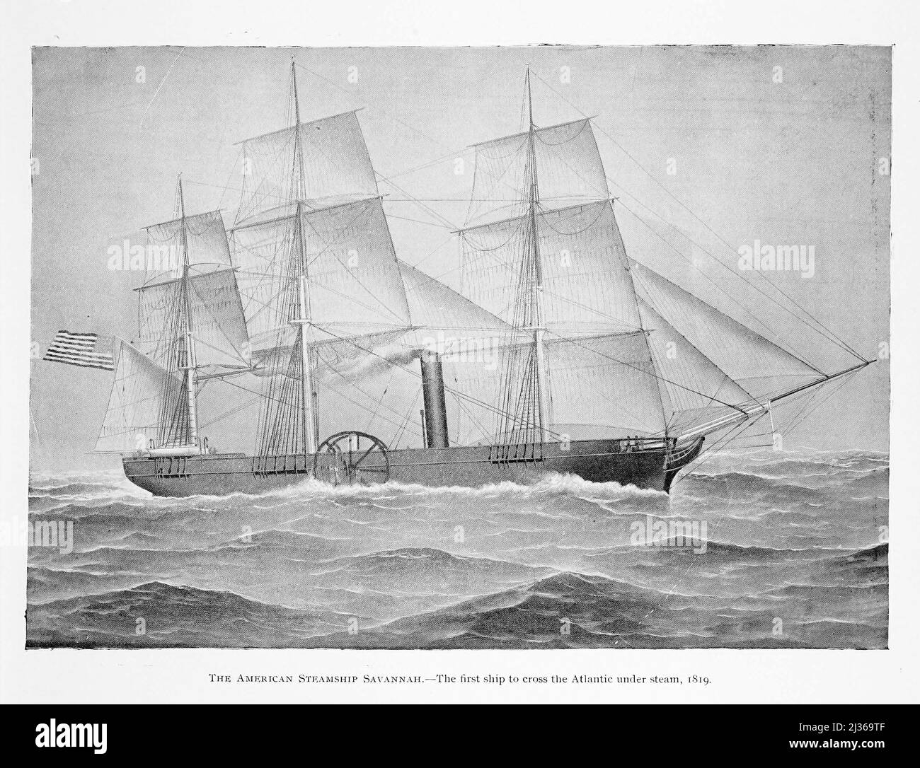 La nave a vapore americana Savannah. La prima nave ad attraversare l'Atlantico sotto vapore, 1819 SS Savannah era una nave a vela ibrida americana/vaporetto costruito nel 1818. Fu la prima nave a vapore ad attraversare l'Oceano Atlantico, transitando principalmente sotto il potere della vela da maggio a giugno 1819. Nonostante questo viaggio storico, il grande spazio occupato dal suo grande motore e dal suo carburante a spese del carico, e l'ansia del pubblico di abbracciare il suo rivoluzionario potere a vapore, hanno fatto di Savannah un successo commerciale come nave a vapore. Originariamente steso come un pacchetto di vela, era, seguendo una se Foto Stock