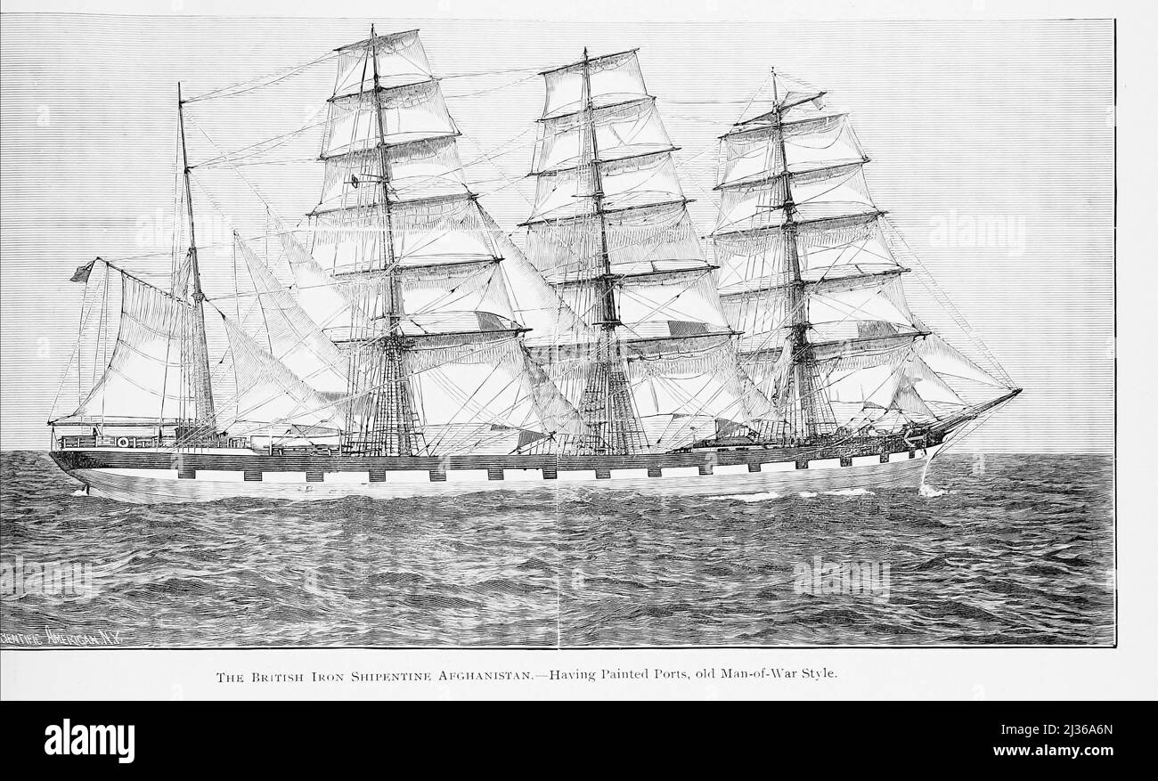 The British Iron Shipentine Afghanistan – Bark a quattro alberi dal libro ' Steam Vessels & Marine engines ' di G. Foster Howell, Editore New York : American Shipbuilder 1896 Foto Stock