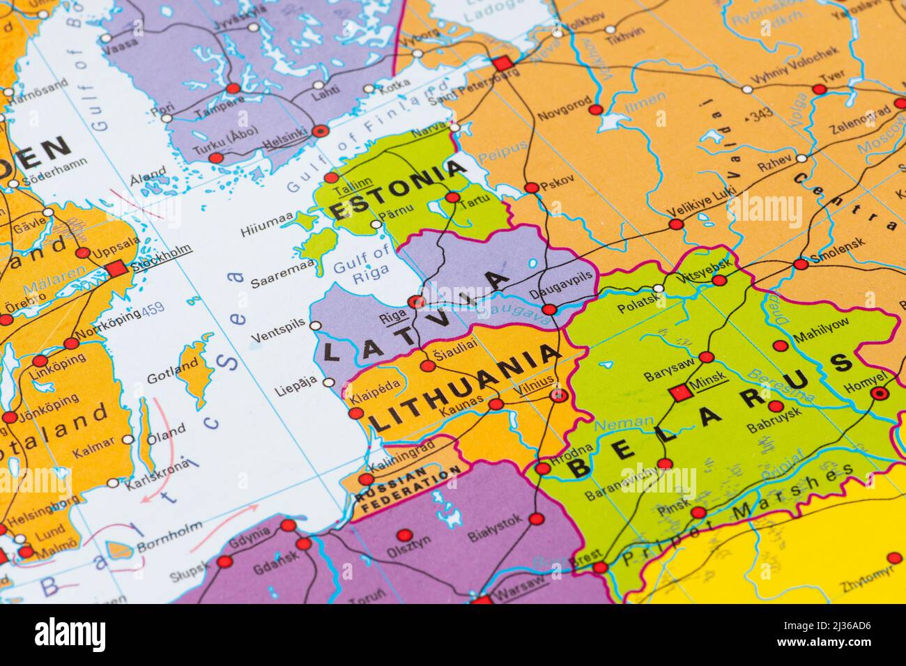 Vilnius, Lituania - Aprile 6 2022: Mappa degli Stati baltici con Lituania, Lettonia Estonia, Russia, Bielorussia e Polonia Foto Stock