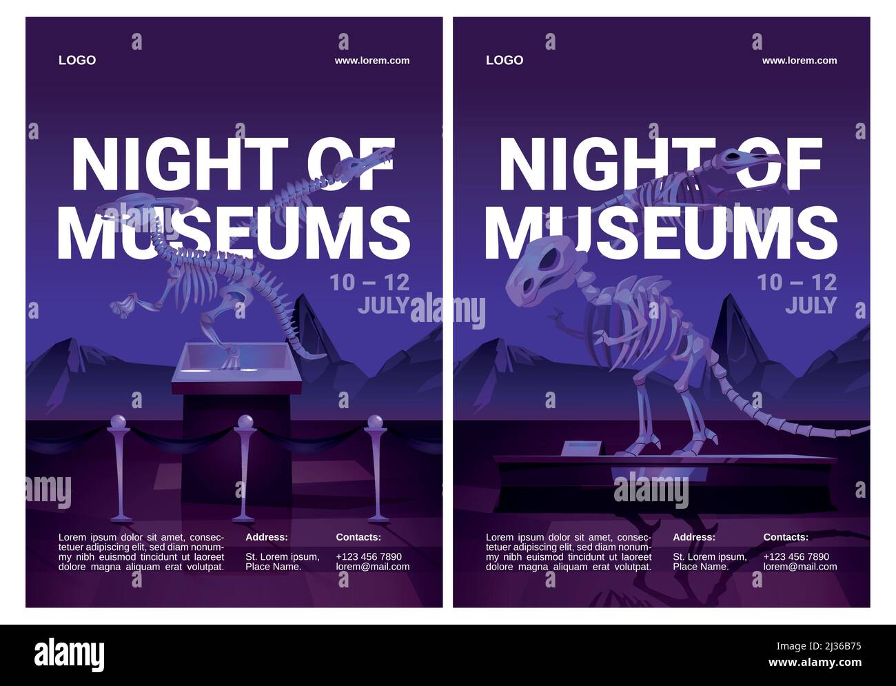 Serata di manifesti museali con scheletri di dinosauri in piedi. I volantini vettoriali di rimangono aperti fino a tarda notte mostre con cartoni animati illustrazione di prehi Illustrazione Vettoriale