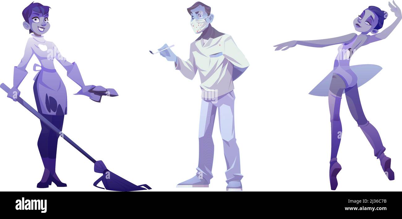 Cartoon fantasmi dentista medico con strumento e sangue su maschera, pulizia signora con scopa e ballerina danza, creepy Halloween morti personaggi isol Illustrazione Vettoriale