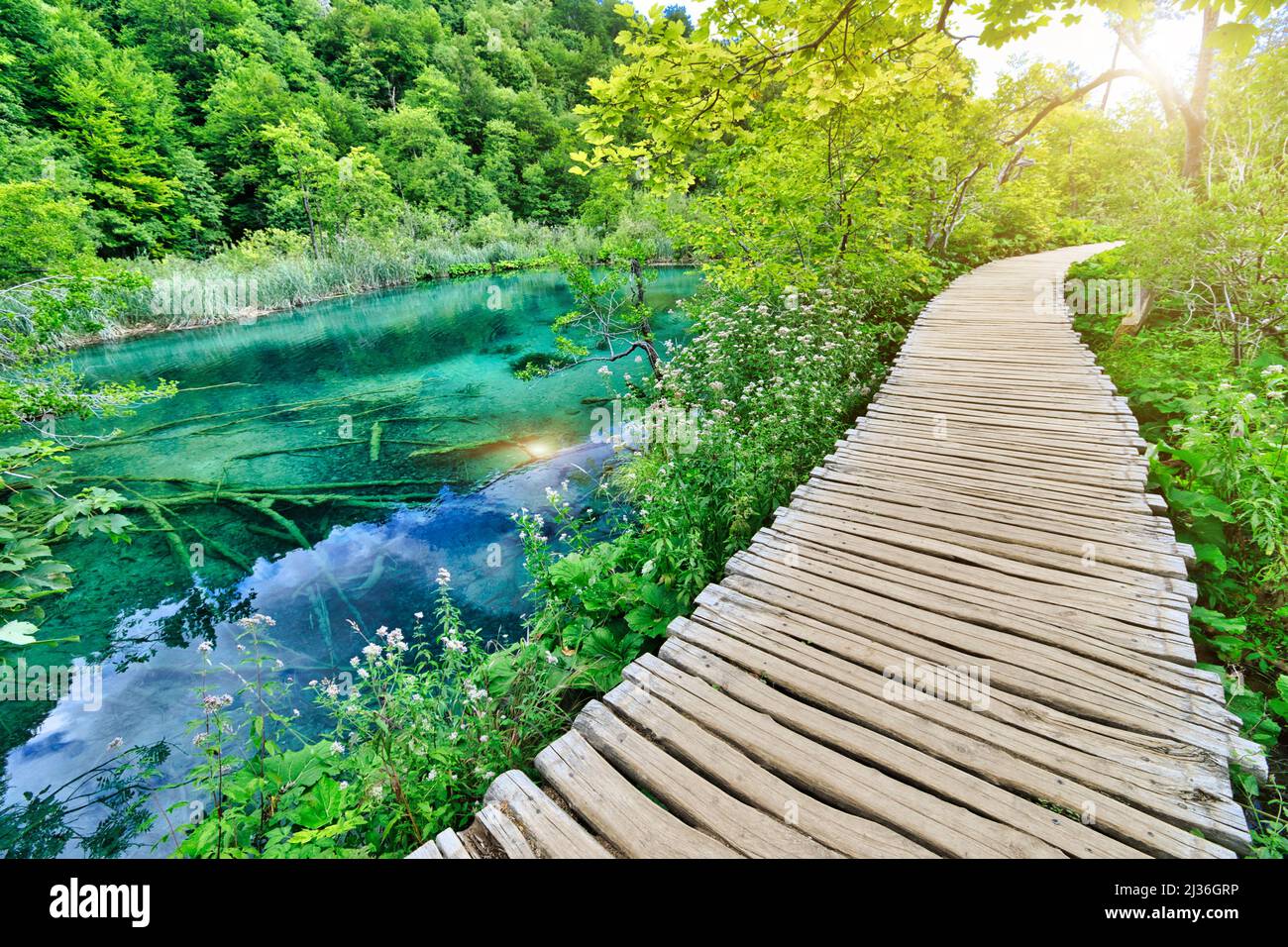 Molo con sole sul Gradinsko jezero e sul lago Milino Jezero del Parco Nazionale dei Laghi di Plitvice in Croazia nella regione di Lika. Mondo Unesco Foto Stock
